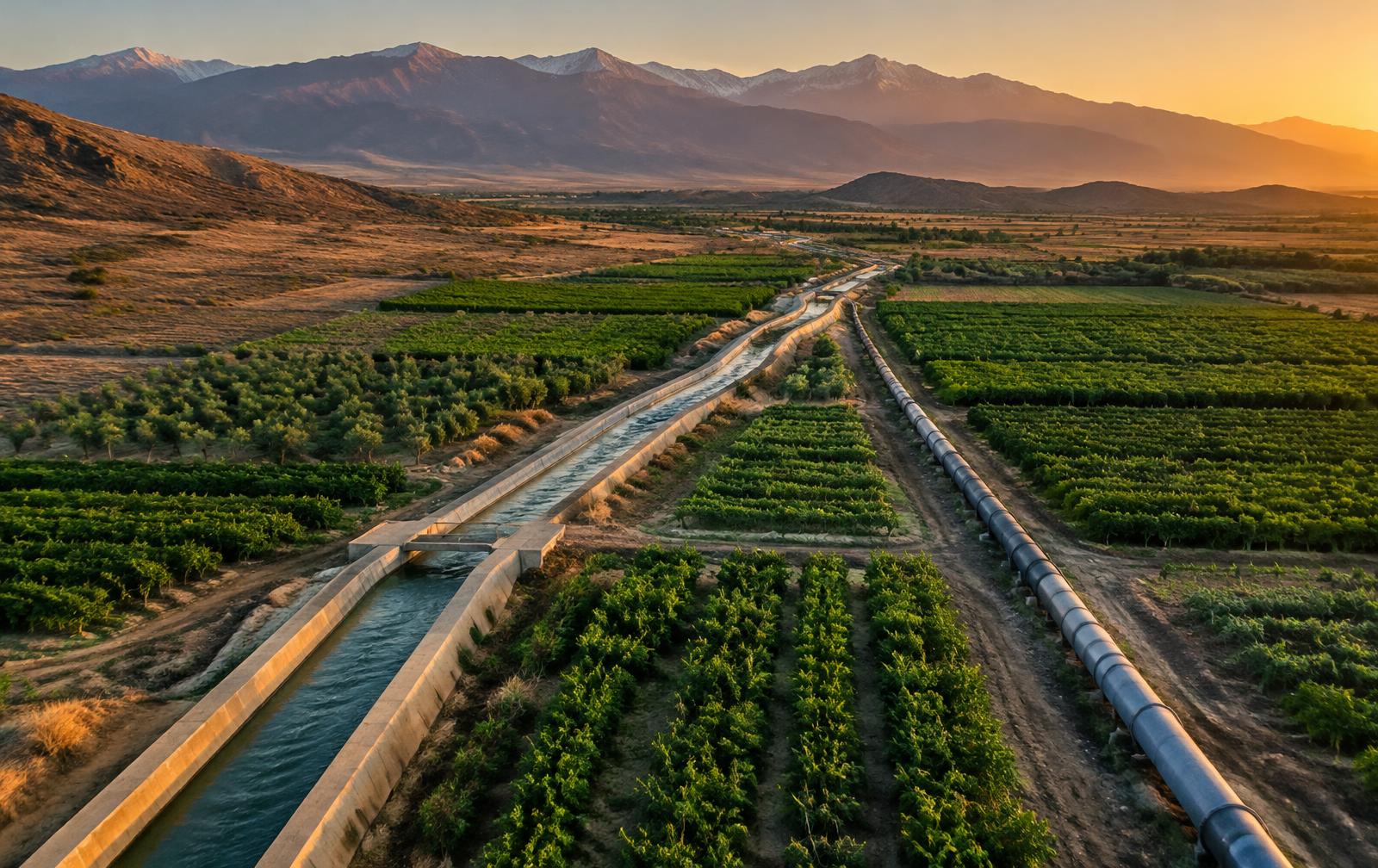 Irrigation channel and pipeline running through farmland in a dry region
